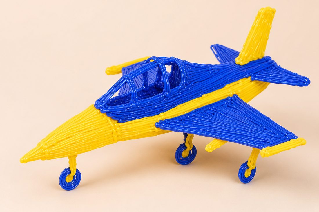 A blue and yellow toy airplane built with a 3D pen, studio shot