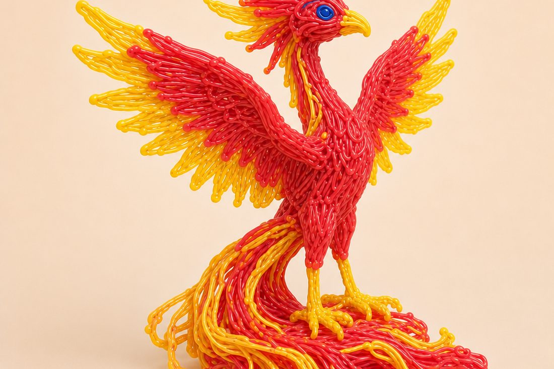 A red and yellow phoenix built from colorful 3D pen filament