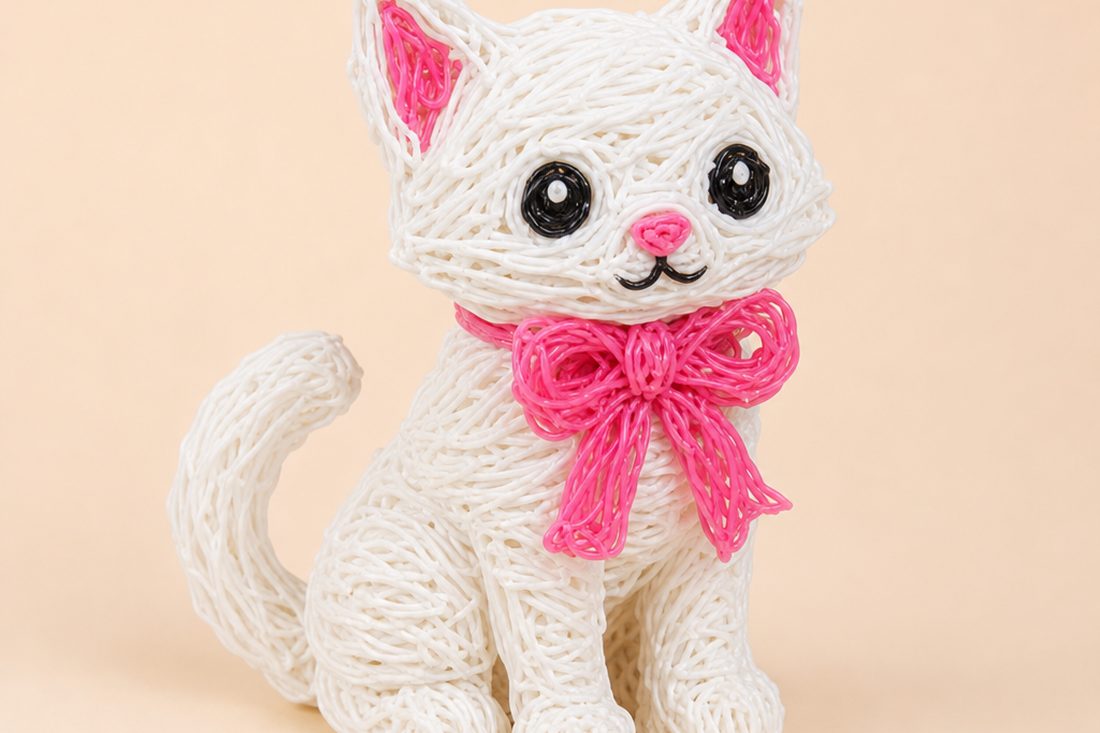A white cat figurine with a pink bow, made with a 3D pen