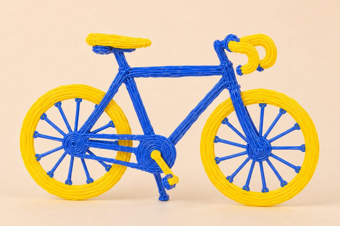 A blue and yellow bicycle sculpted with a 3D pen